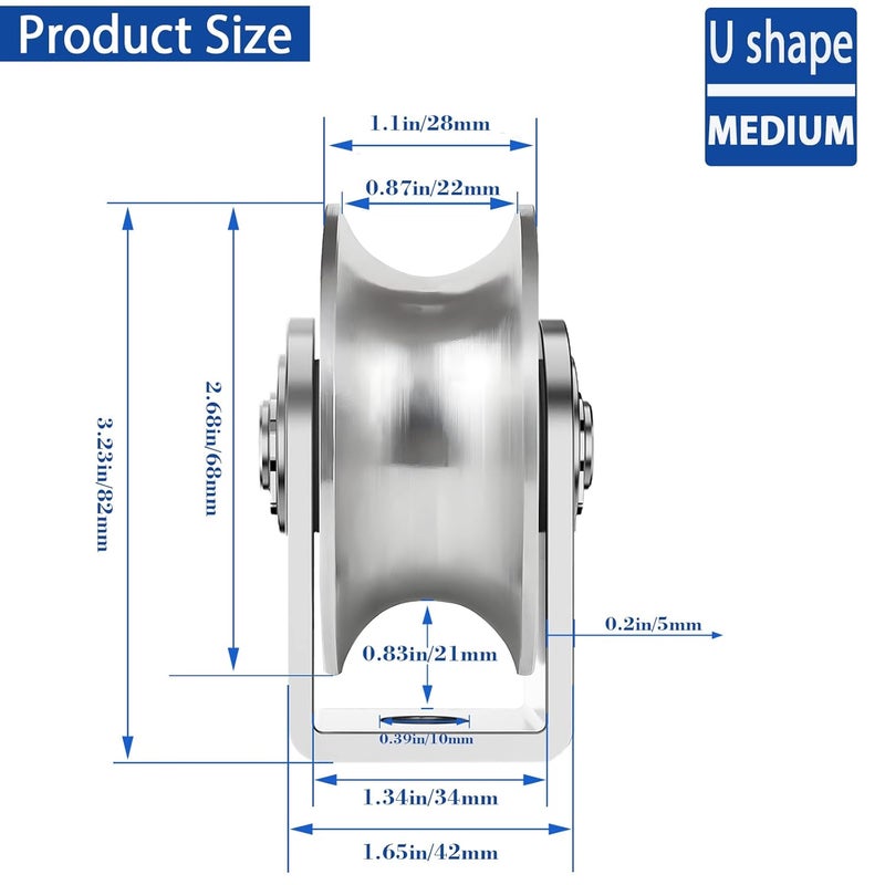 V-chen 2 Pack 3 Inch Pulley Block U Grooved Wheel Pulley, 304 Stainless Steel Pulley Roller, Heavy Duty Caster Wheels Sliding Gate Rollers for Material Handling and Moving Lifting Loading 1760lb/800 Kg - Image 2
